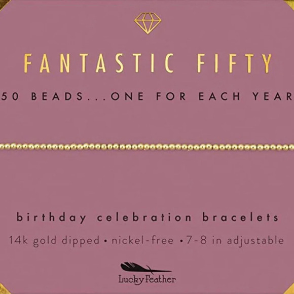 NIB LUCKY FEATHER 14K Gold Dipped Milestone 50th Birthday Stretch Bracelet - Picture 4 of 7